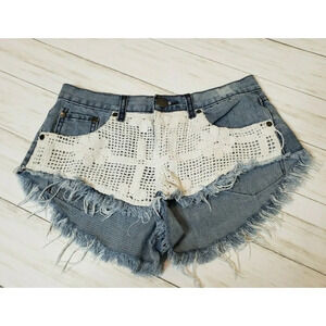 Tobi Crochet Knit Denim Shorts Festival Blue Jean